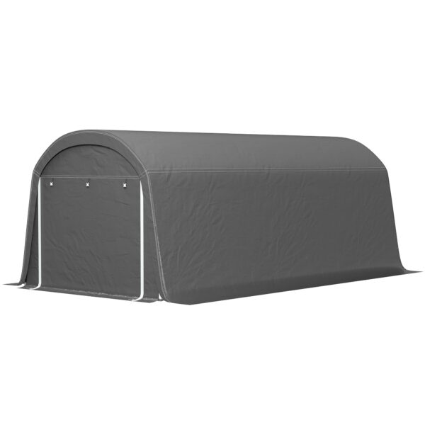 Haveskur med plastikpresenning, værktøjstelt og aftagelig garage, 300b x 600d x 230h cm, mørkegrå
