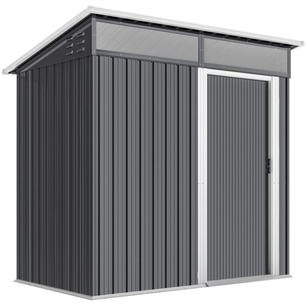 Haveskur, redskabsskur med vinduer, ventilationshuller, skydedør, vandtæt stål, vejrbestandig, mørkegrå