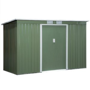 Metal redskabsskur 6,3mÂ³ 280x130x172cm redskabsskur med skydedør, vejrbestandigt havehus, udendørs haveskur, skab til baghave, udendørsområde, antracit, lysegrøn