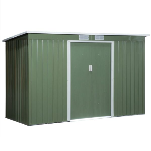 Metal redskabsskur 6,3mÂ³ 280x130x172cm redskabsskur med skydedør, vejrbestandigt havehus, udendørs haveskur, skab til baghave, udendørsområde, antracit, lysegrøn