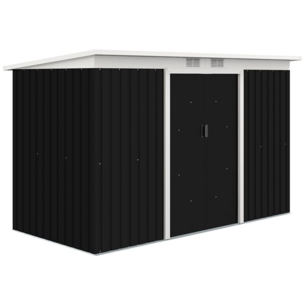 Haveskur, redskabsskur med skydedør, ventilationsvindue, skråtag, udendørs, stål, mørkegrå, 280 x 130 x 172 cm