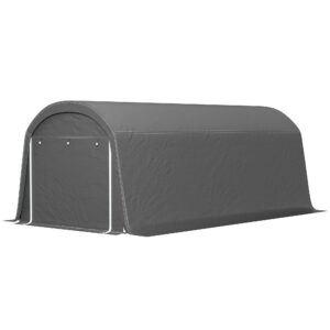 Haveskur med plastikpresenning, værktøjstelt og aftagelig garage, 300b x 600d x 230h cm, mørkegrå