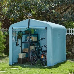 Robust og vejrbestandigt haveskur, lyseblå (159 x 219 x 165 cm)