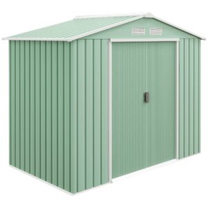 Haveskur, 2 skydedøre, ventilationsvindue, bundramme, rustfrit stål, lysegrøn, 2,13 x 1,30 x 1,85 m