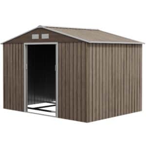 Haveskur, 2 skydedøre, 4 vinduer, vejrbestandig, metalhus, 2,7 x 1,9 x 1,9 m, brun