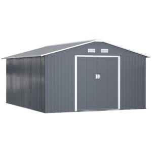 Redskabsskur, vejrbestandigt haveskur til haveredskaber, med ventilationsvinduer, skydedøre, stål, kulgrå