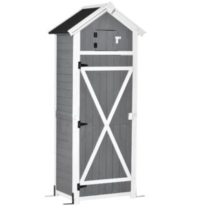 Træskur, vejrbestandigt redskabsskur 78x52,5x182cm, redskabsskur med dør, gavltag, redskabsskab med kroge, foldbart bord, redskabsskab haveskur til have, terrasse, grå